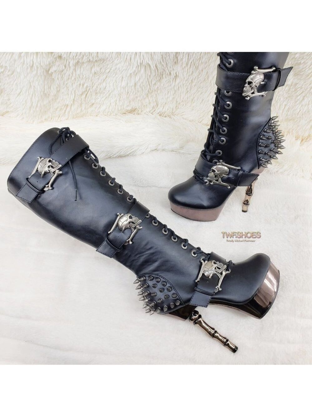 Muerto Goth Punk Bone Heel Spiked Skull Buckle Knee Boots RESTOCKED